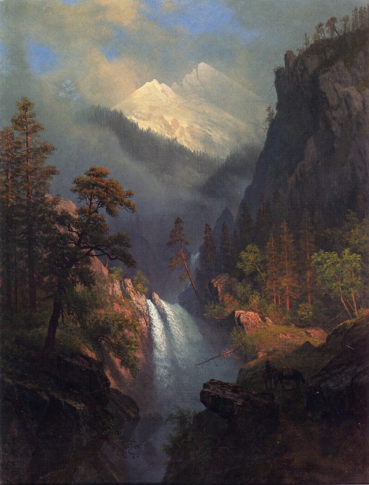 Albert Bierstadt Painting Cascading Falls at Sunset